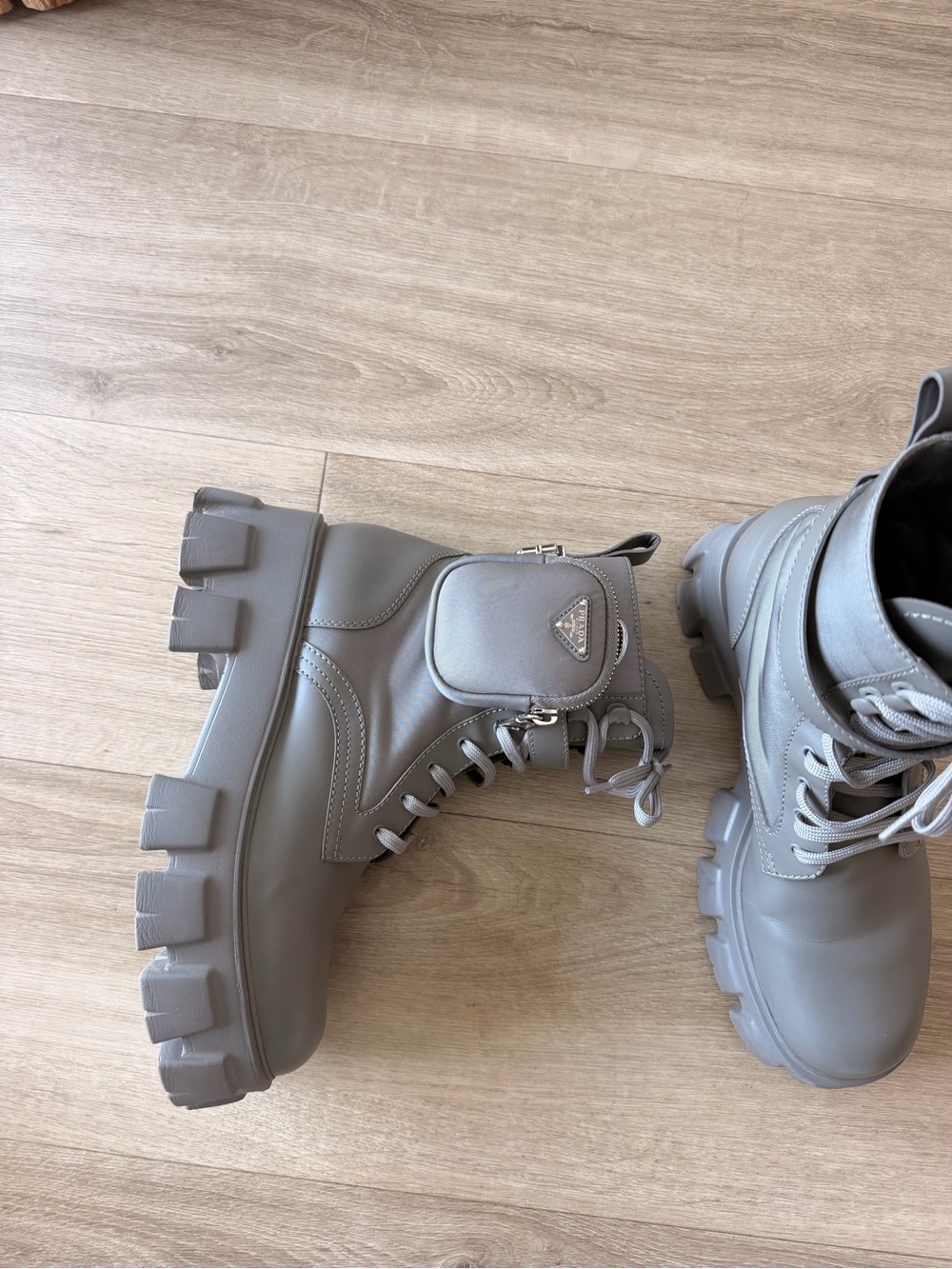 Prada Monolith leather and Re-Nylon combat boots with pouch, Gray
